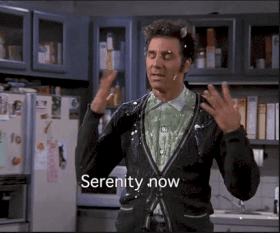 Photo of Seinfeld's Kramer after being pelted with eggs saying "serenity now."